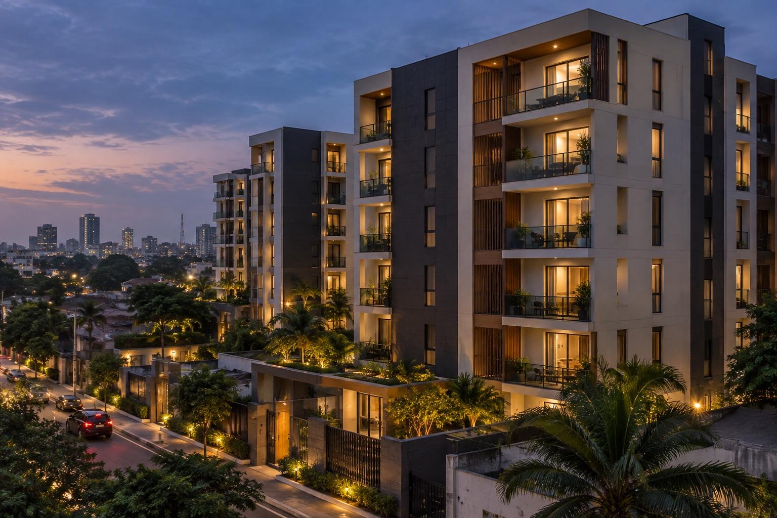 Contemporary apartment buildings in Lagos at dusk