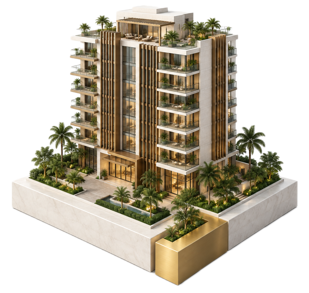 Architectural illustration of a contemporary apartment building with a gold fraction separated from its base