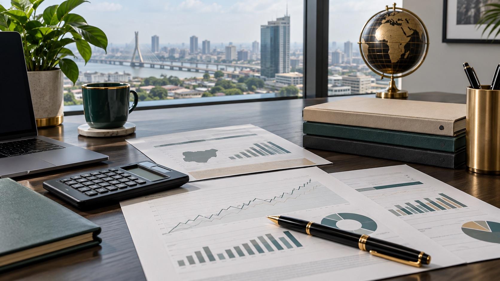 Investment research and financial charts in a Lagos office