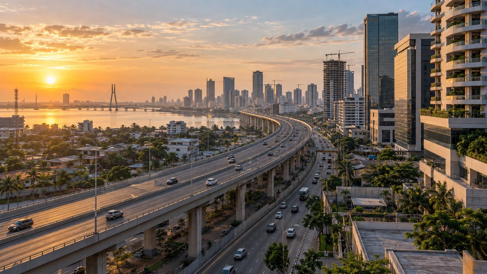 Lagos transport and commercial infrastructure at sunrise
