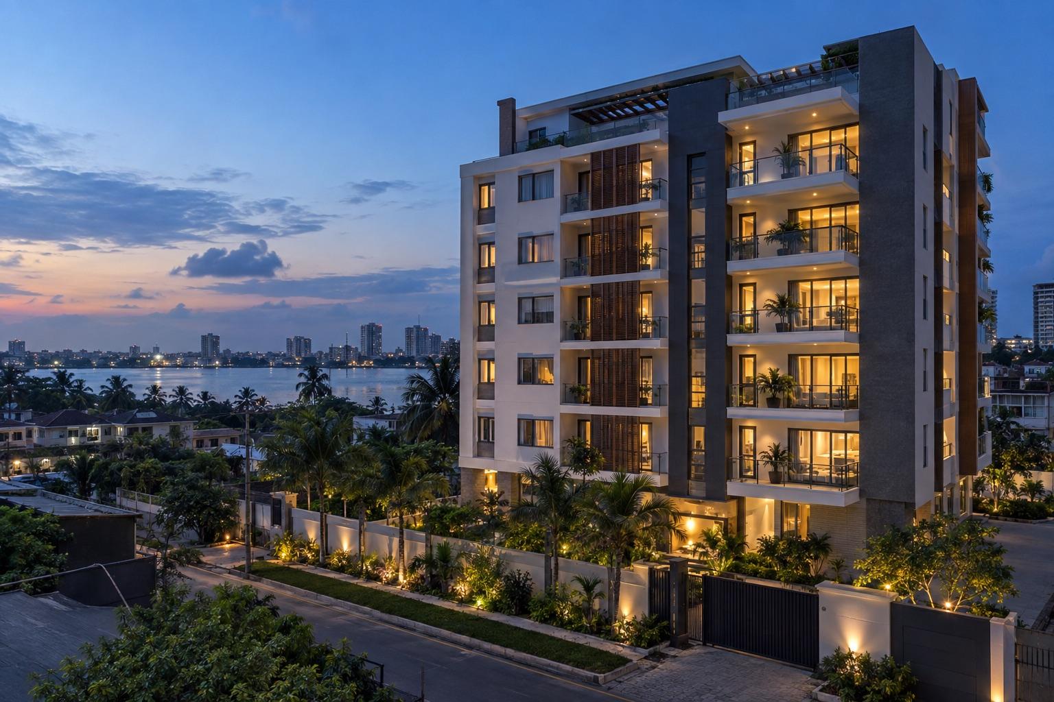 Contemporary Lagos apartment building at dusk, used as an editorial illustration